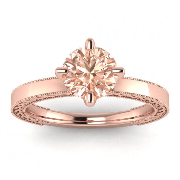 14k Rose Gold Scarlet Vintage Engraved Morganite Ring, Milgrained, Squared Band, Infinity Engraved