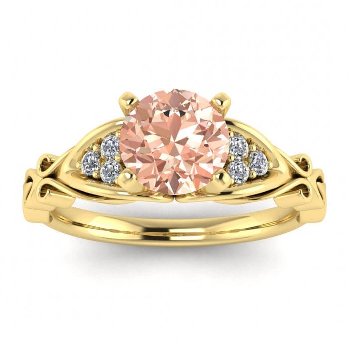 14k Rose Gold Serenity Filigree Morganite And Diamond Ring, Filigree Antique Design, Side Gemstone, Prong Set Accents, Prong Setting