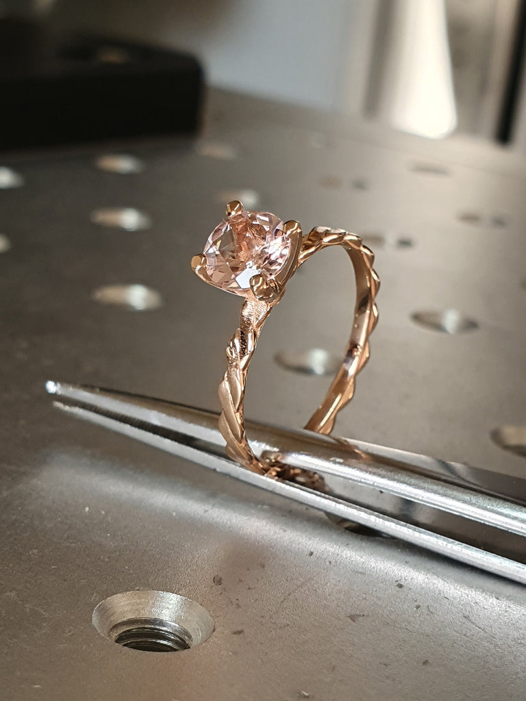 Morganite Ring, Minimalist Twist Ring, Solid 14k Rose Gold Morganite Engagement Ring, Braided Ring, Unique Engagement Ring