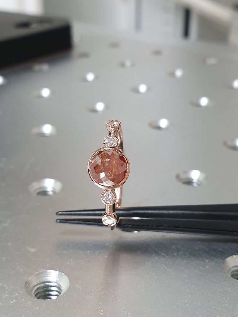 Unique Engagement Ring Rose Cut Diamond Round Ring, Vintage Brown Rose Cut Diamond Ring, Brown Round Rose Cut 14k Gold Non Traditional Ring