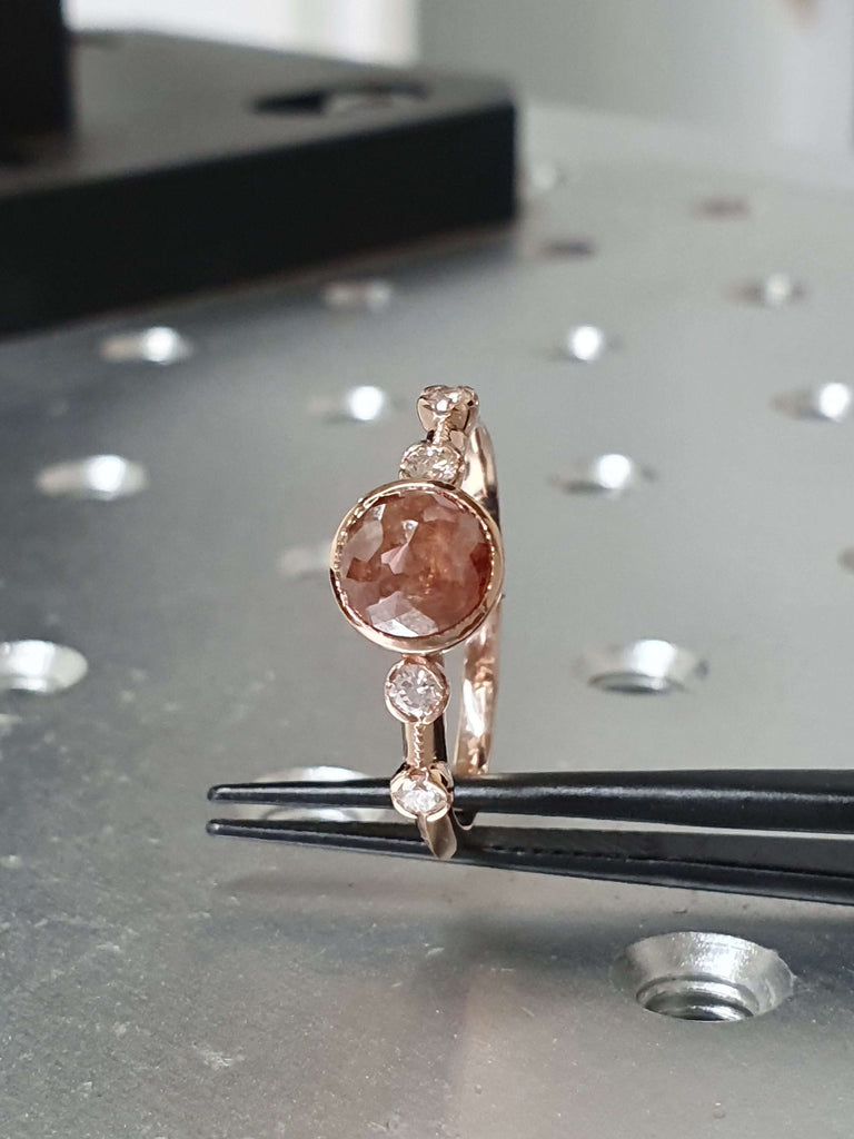 Unique Engagement Ring Rose Cut Diamond Round Ring, Vintage Brown Rose Cut Diamond Ring, Brown Round Rose Cut 14k Gold Non Traditional Ring