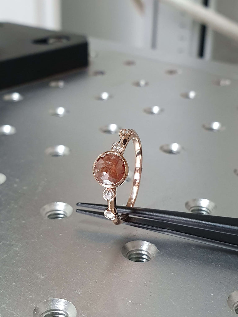 Unique Engagement Ring Rose Cut Diamond Round Ring, Vintage Brown Rose Cut Diamond Ring, Brown Round Rose Cut 14k Gold Non Traditional Ring