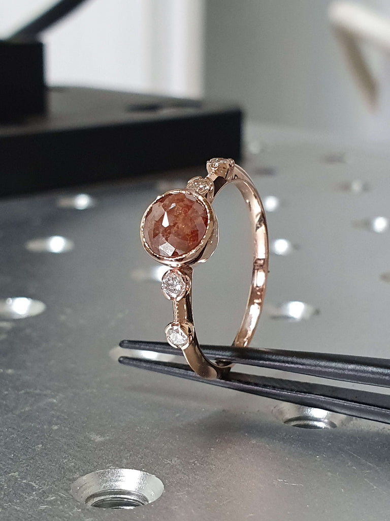 Unique Engagement Ring Rose Cut Diamond Round Ring, Vintage Brown Rose Cut Diamond Ring, Brown Round Rose Cut 14k Gold Non Traditional Ring
