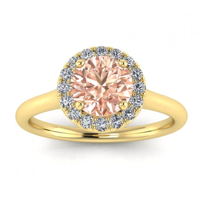 Black Gold Delicate Halo Morganite And Diamond Ring (1/5 CT. TW.) Scalloped pave halo, high profile prongs, bridged shank Anne