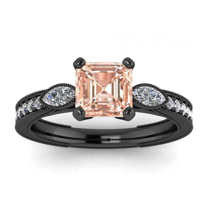 14k Rose Gold Allegria Shiny Milgrained Asscher Cut Morganite And Diamond Ring Marquise Accent Gemstones Pave Along The Sides Basket Setting