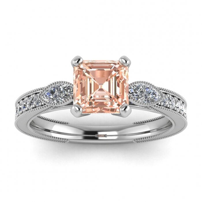 14k Rose Gold Allegria Shiny Milgrained Asscher Cut Morganite And Diamond Ring Marquise Accent Gemstones Pave Along The Sides Basket Setting