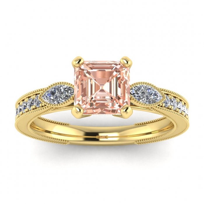 14k Rose Gold Allegria Shiny Milgrained Asscher Cut Morganite And Diamond Ring Marquise Accent Gemstones Pave Along The Sides Basket Setting