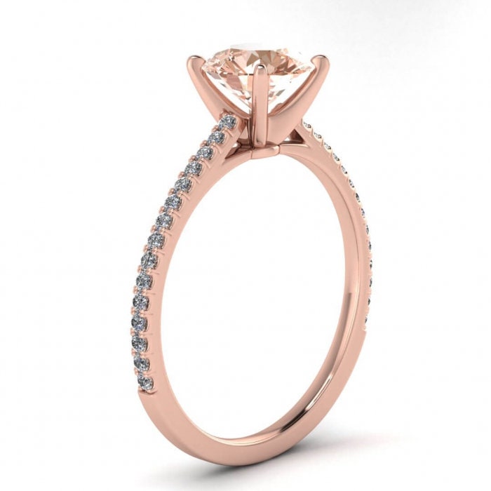 14k Rose Gold Micro Pave Morganite And Diamond Engagement Ring Micro Pave Accents, Prongs Setting Center Gemstone, Anahi