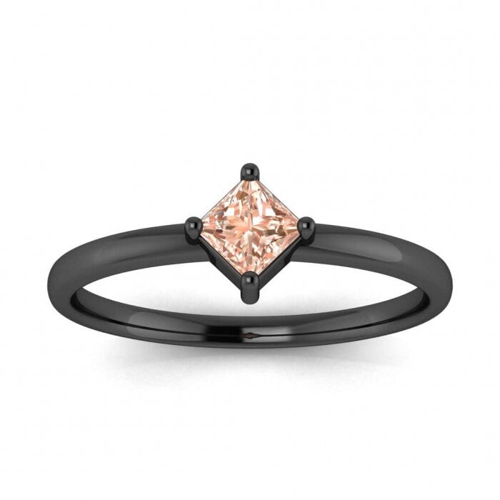 14k Rose Gold Aria Thin Princess Cut Morganite Ring, Offset Prongs, Delicate Band, Unique Setting