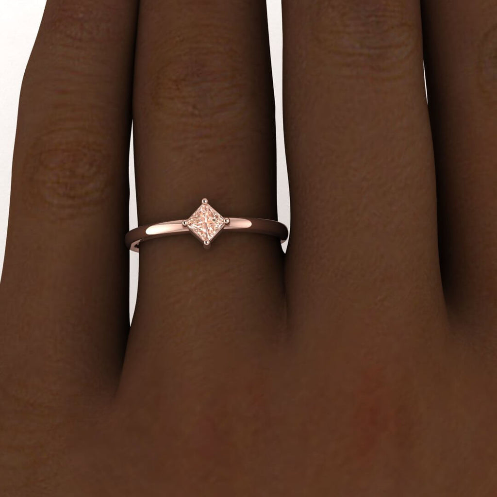 14k Rose Gold Aria Thin Princess Cut Morganite Ring, Offset Prongs, Delicate Band, Unique Setting