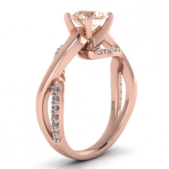 14k Rose Gold Aubree Twisted Morganite And Diamond Ring, Twisted Shank, Scalloped Pave Set, High Profile Setting, Split Shank, Prong Setting