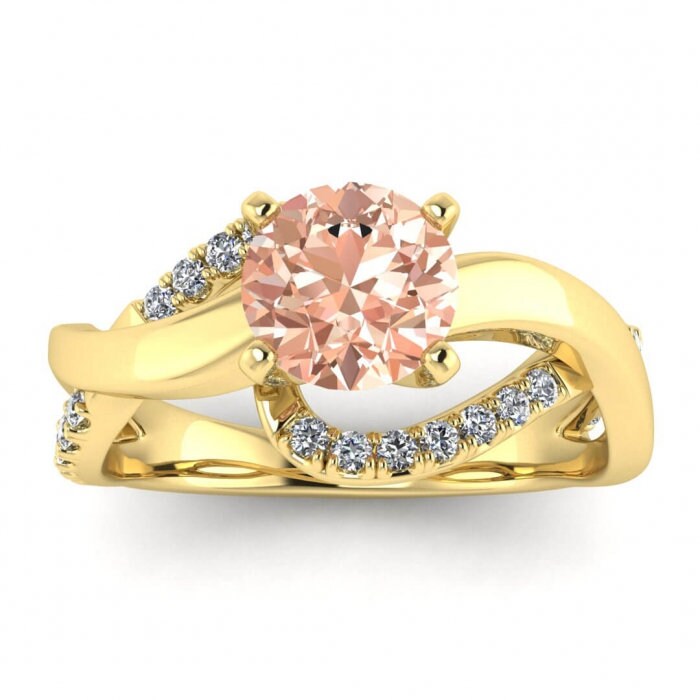 14k Rose Gold Aubree Twisted Morganite And Diamond Ring, Twisted Shank, Scalloped Pave Set, High Profile Setting, Split Shank, Prong Setting