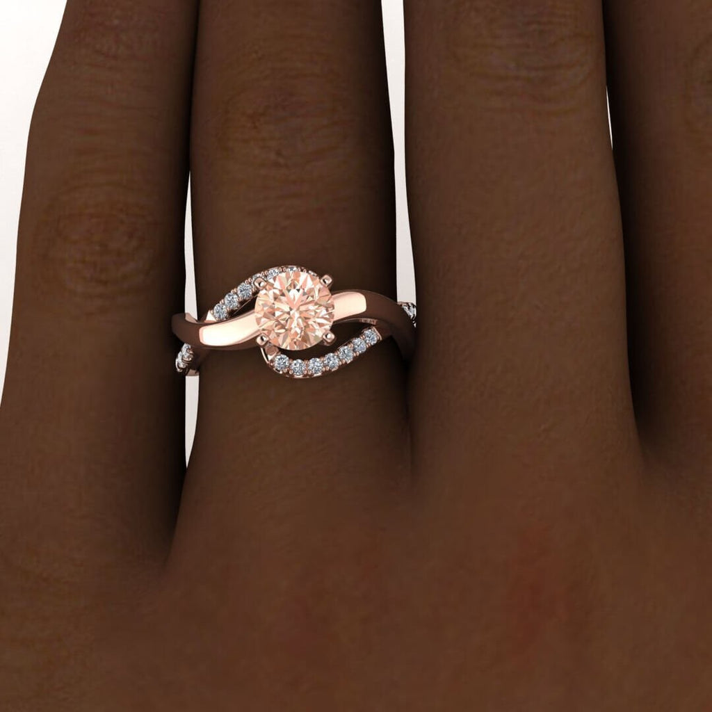 14k Rose Gold Aubree Twisted Morganite And Diamond Ring, Twisted Shank, Scalloped Pave Set, High Profile Setting, Split Shank, Prong Setting