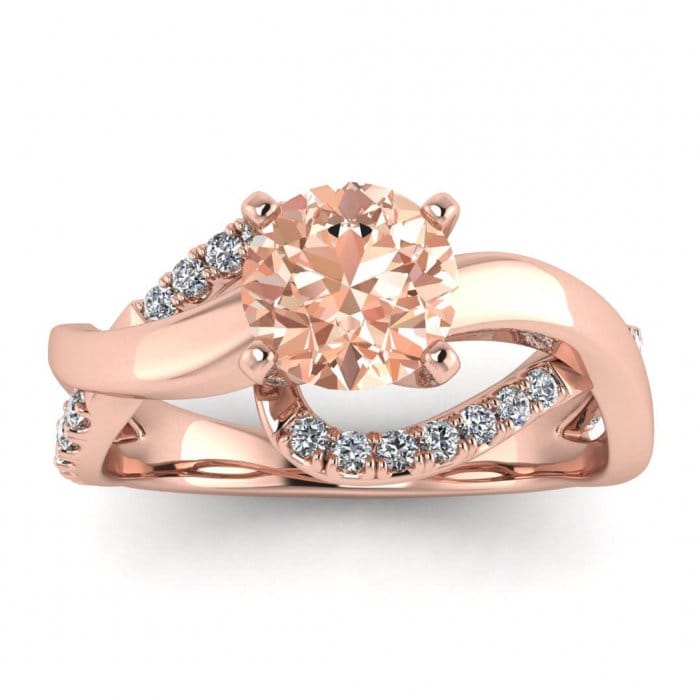 14k Rose Gold Aubree Twisted Morganite And Diamond Ring, Twisted Shank, Scalloped Pave Set, High Profile Setting, Split Shank, Prong Setting