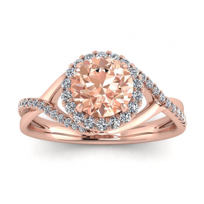 14k Rose Gold Joy Twisted Halo Morganite And Diamond Engagement Ring (1/5 Ct. Tw.); Pave Set Gemstone, Halo Setting, Prongs Center Setting