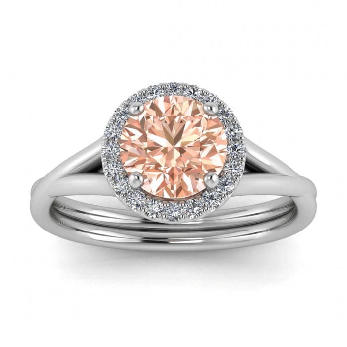 14k Rose Gold Beverly Double Band Morganite And Diamond Halo, Double Band, Open Gallery, Paved Halo