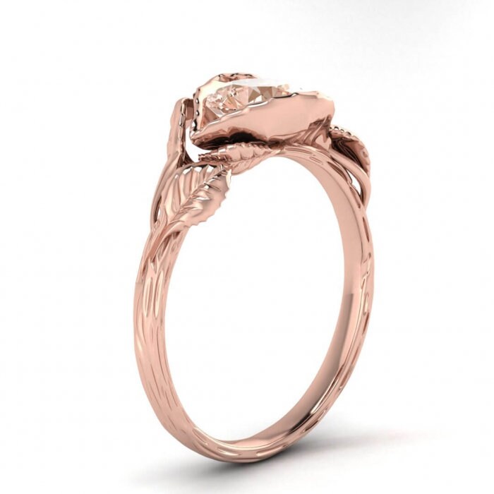 14k Rose Gold Bijou Morganite Lotus Flower Ring, Lotus Engagement Ring, Leaf Ring, Vintage