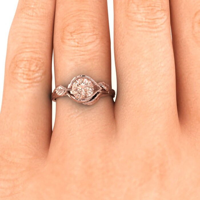 14k Rose Gold Bijou Morganite Lotus Flower Ring, Lotus Engagement Ring, Leaf Ring, Vintage