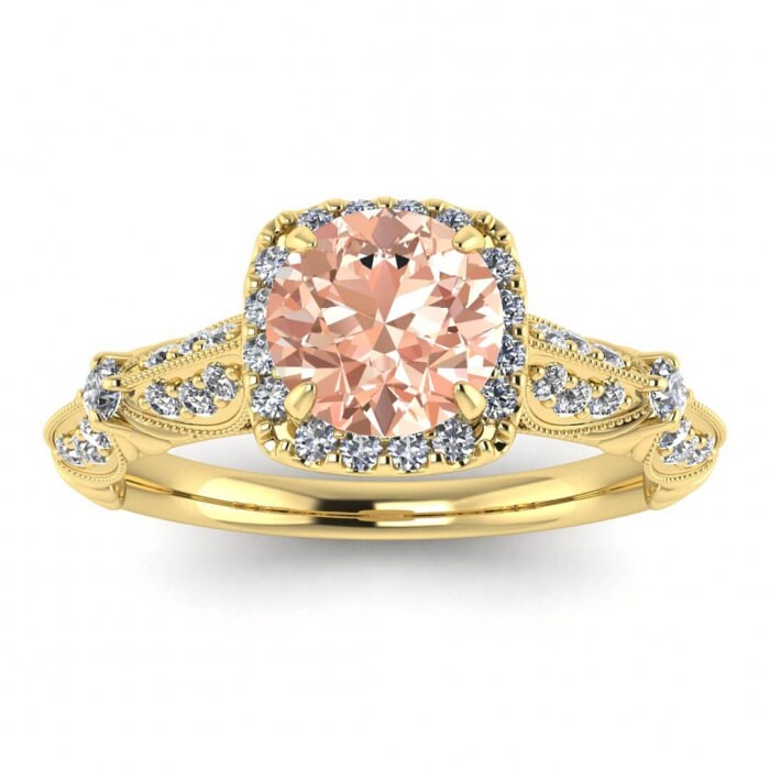 14k Black Gold Julius Edwardian Morganite And Diamond Ring (1/3 Ct. Tw.); Cushion Shaped Halo, Knife Edge Band, Gemstone Accented Band