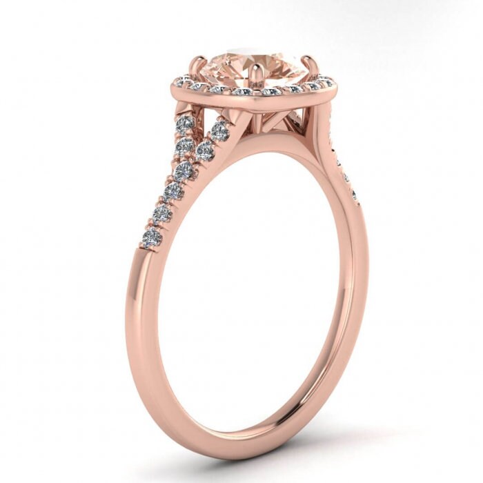 14k Rose Gold Katniss Split Shank Halo Morganite And Diamond Ring (1/4 Ct. Tw.); Pave, Split Shank, Cushion Shaped Halo, Open Gallery