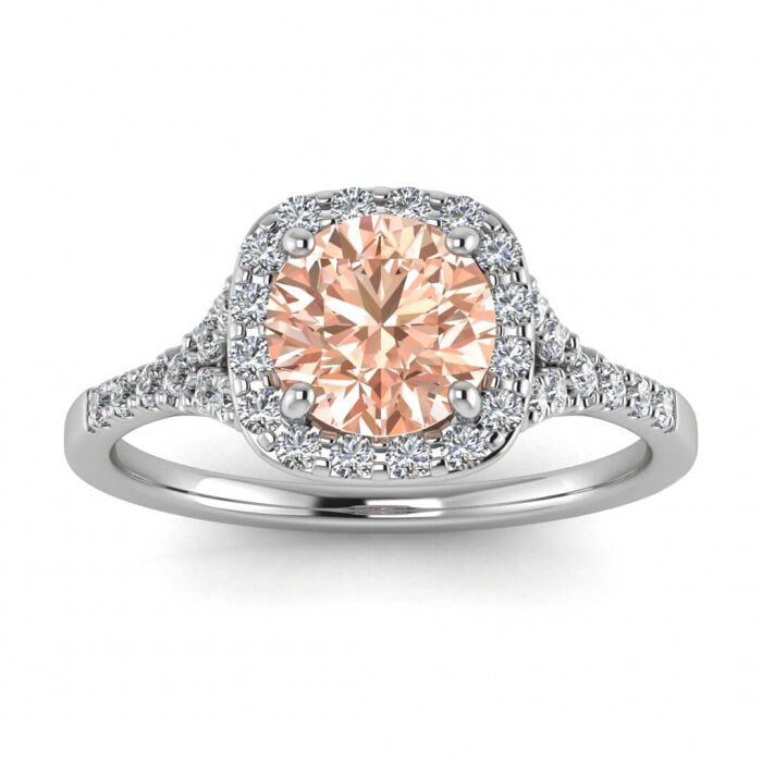 14k Rose Gold Katniss Split Shank Halo Morganite And Diamond Ring (1/4 Ct. Tw.); Pave, Split Shank, Cushion Shaped Halo, Open Gallery