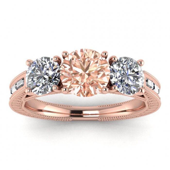 14k Rose Gold Capri 3 Stone Morganite And Diamond Baguette Engagement Ring, Baguette Accents, Milgrain,leaves Engraving,bezel Accents