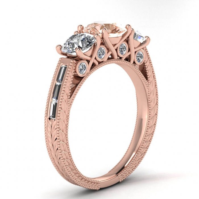 14k Rose Gold Capri 3 Stone Morganite And Diamond Baguette Engagement Ring, Baguette Accents, Milgrain,leaves Engraving,bezel Accents