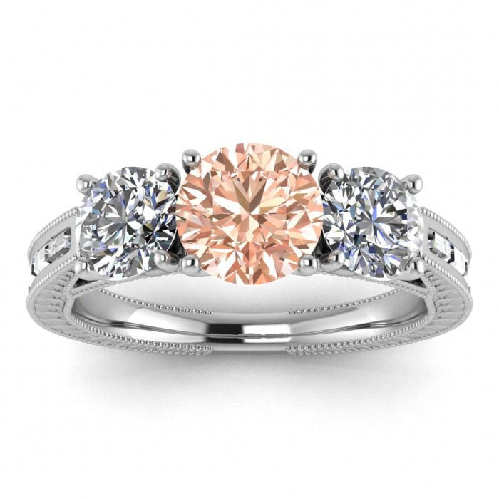 14k Rose Gold Capri 3 Stone Morganite And Diamond Baguette Engagement Ring, Baguette Accents, Milgrain,leaves Engraving,bezel Accents