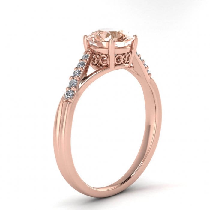 14k Rose Gold Kayla Tapered Pave Morganite And Diamond Ring (1/10 Ct. Tw.); Unique Basket Setting, Split Shank, Tapered Shared Prong Pave