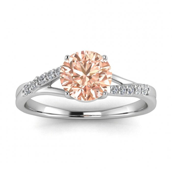 14k Rose Gold Kayla Tapered Pave Morganite And Diamond Ring (1/10 Ct. Tw.); Unique Basket Setting, Split Shank, Tapered Shared Prong Pave