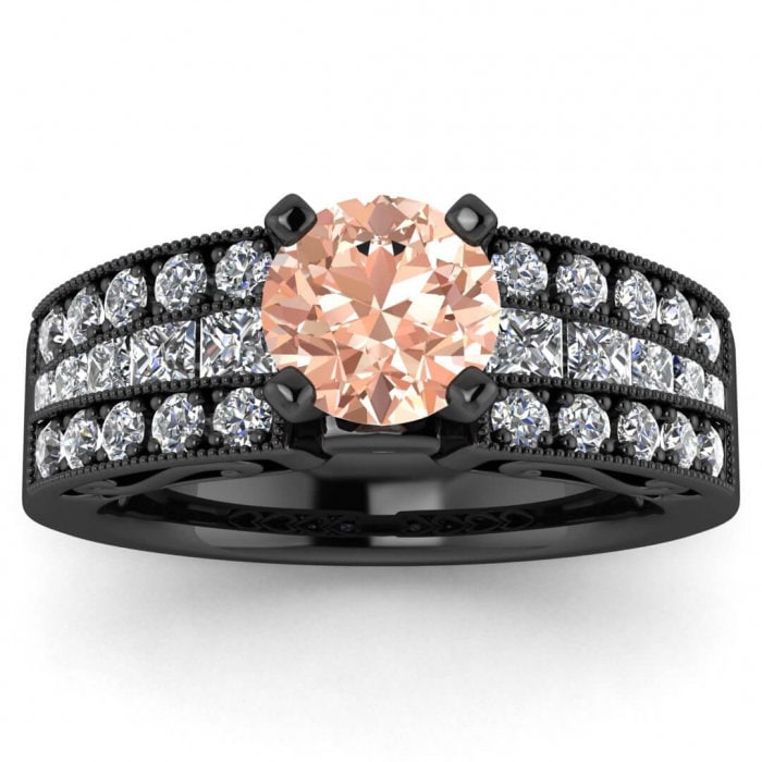 14k Rose Gold Khloe Morganite And Diamond Princess Cut Ring (9/10 Ct. Tw.); Vintage Design, Triple Row Pave, Low Profile Center Gemstone