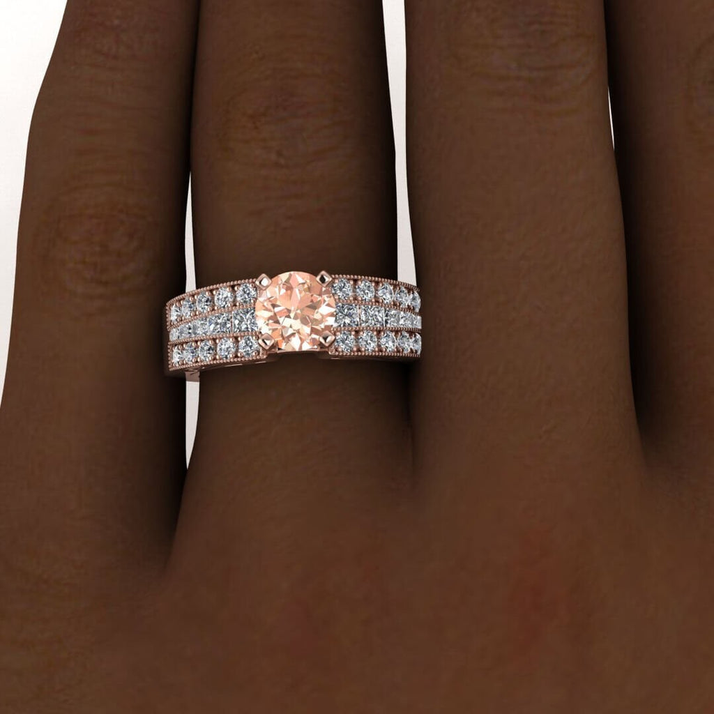 14k Rose Gold Khloe Morganite And Diamond Princess Cut Ring (9/10 Ct. Tw.); Vintage Design, Triple Row Pave, Low Profile Center Gemstone