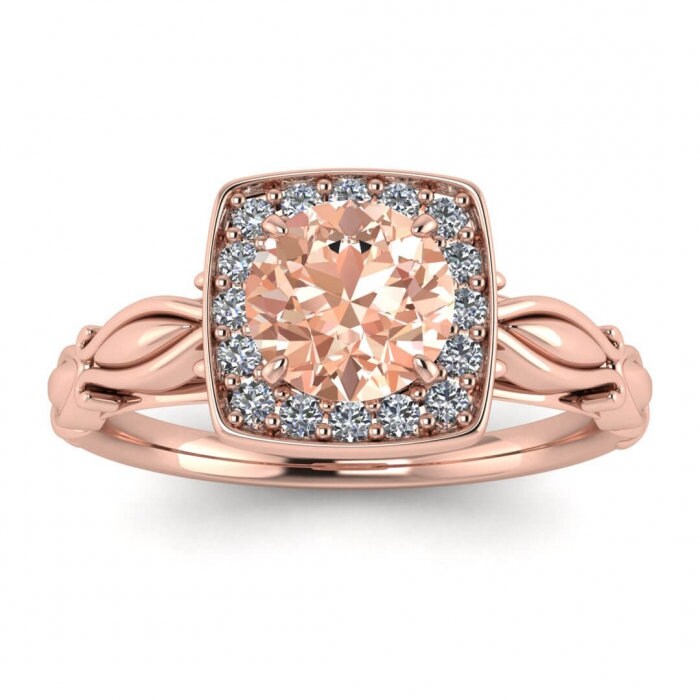 14k Rose Gold Khloe Square Halo Morganite And Diamond Ring (1/9 Ct. Tw.); Hidden Heart Under The Gallery, Petite Band, Floral Band