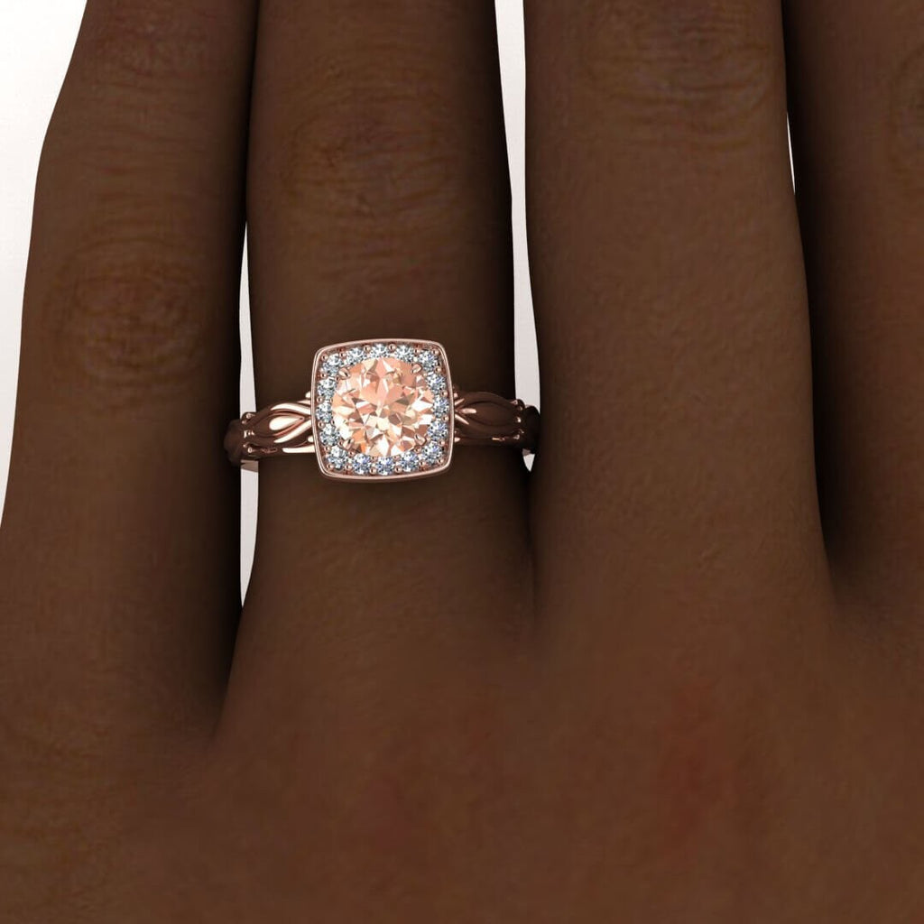 14k Rose Gold Khloe Square Halo Morganite And Diamond Ring (1/9 Ct. Tw.); Hidden Heart Under The Gallery, Petite Band, Floral Band