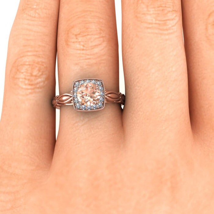 14k Rose Gold Khloe Square Halo Morganite And Diamond Ring (1/9 Ct. Tw.); Hidden Heart Under The Gallery, Petite Band, Floral Band