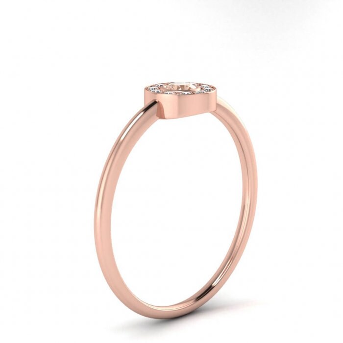 14k Rose Gold Clarion Delicate Morganite And Diamond Halo Ring, Thin Band, Bezel Center Gemstone, Pave Side Accents, Sun Rays