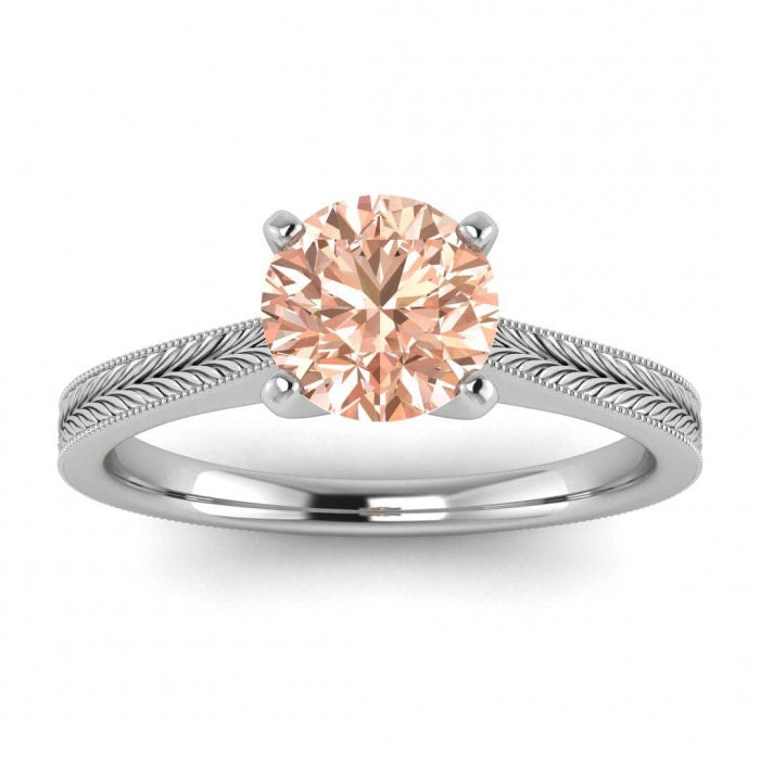 14k Rose Gold Clio Milgrained Morganite Ring, Cathedral, High Profile Prongs, Hand Engraving, Milgrain