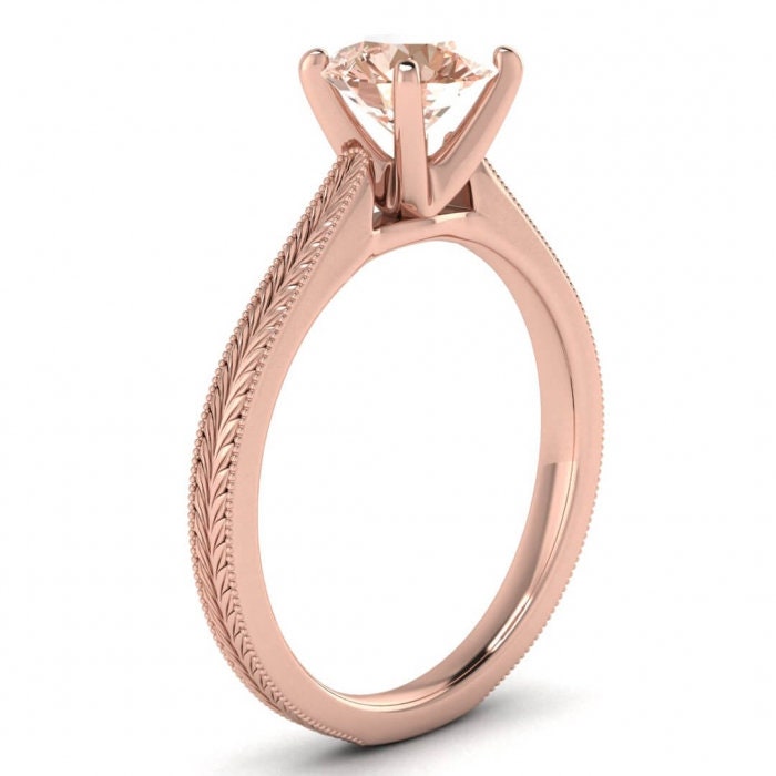 14k Rose Gold Clio Milgrained Morganite Ring, Cathedral, High Profile Prongs, Hand Engraving, Milgrain