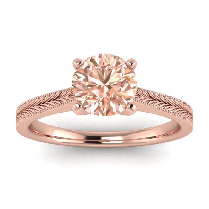 14k Rose Gold Clio Milgrained Morganite Ring, Cathedral, High Profile Prongs, Hand Engraving, Milgrain