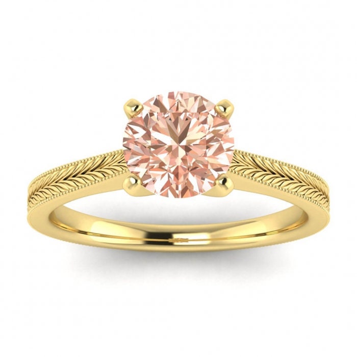 14k Rose Gold Clio Milgrained Morganite Ring, Cathedral, High Profile Prongs, Hand Engraving, Milgrain