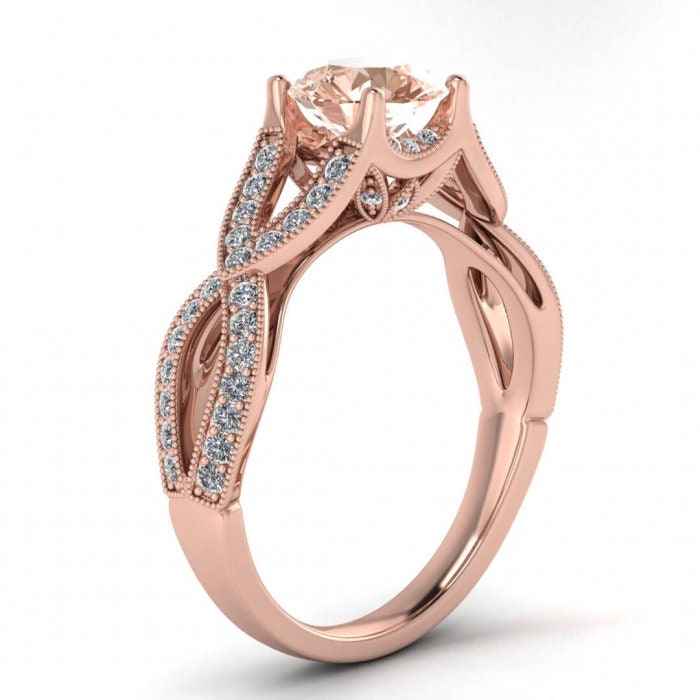 14k Rose Gold Cornelia Classic Halo Morganite And Diamond Engagement Ring, Rounded Band, Shared Prongs Halo