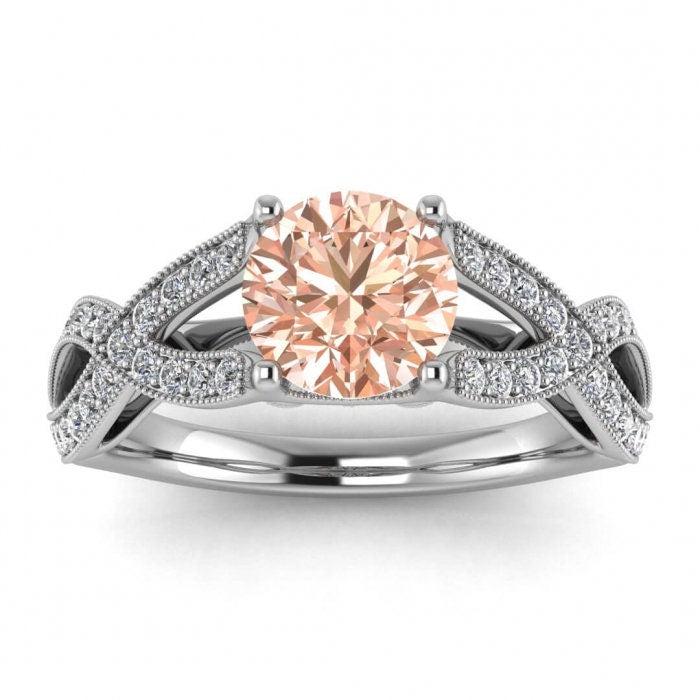 14k Rose Gold Cornelia Classic Halo Morganite And Diamond Engagement Ring, Rounded Band, Shared Prongs Halo