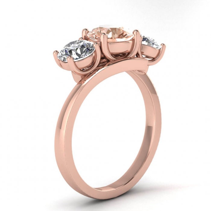 14k Rose Gold Doreen Offset 3 Stone Morganite And Diamond Ring, Offset Basket Setting, Twisted Band, 3 Stone Ring