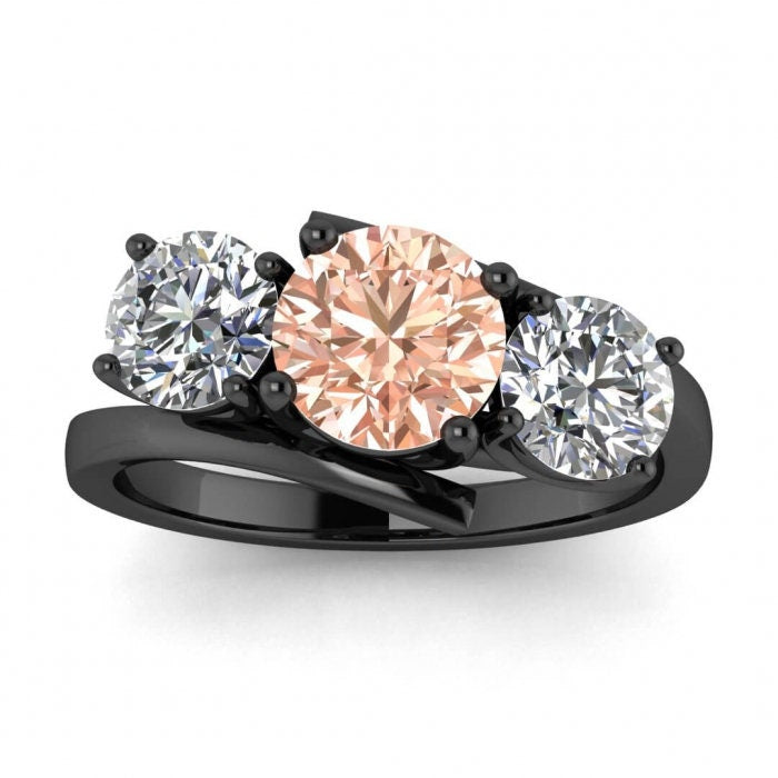 14k Rose Gold Doreen Offset 3 Stone Morganite And Diamond Ring, Offset Basket Setting, Twisted Band, 3 Stone Ring