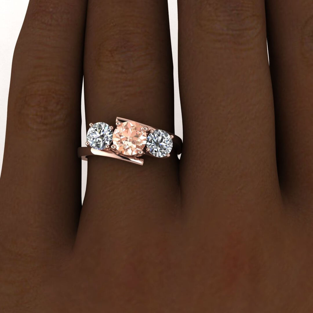 14k Rose Gold Doreen Offset 3 Stone Morganite And Diamond Ring, Offset Basket Setting, Twisted Band, 3 Stone Ring