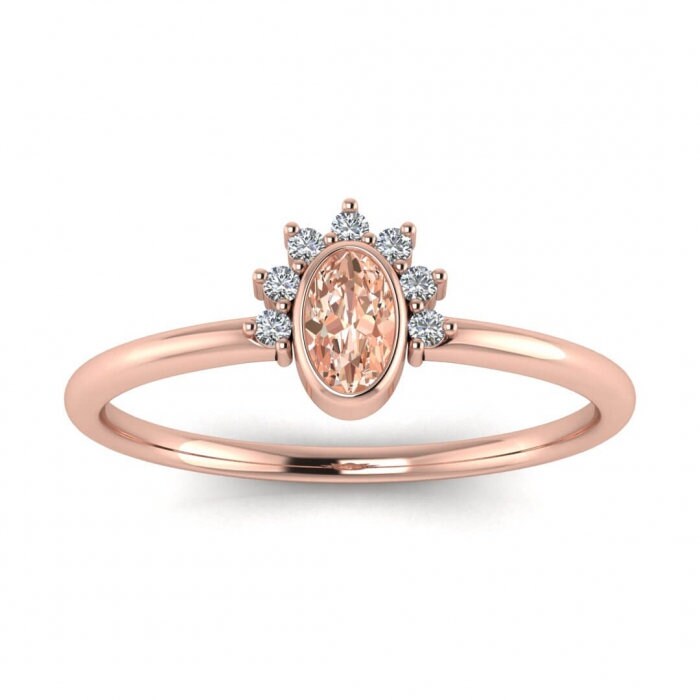 14k Rose Gold Laurel Oval Morganite And Diamond Engagement Ring; Oval Bezel, Aura Of Gemstones, Accent Pave