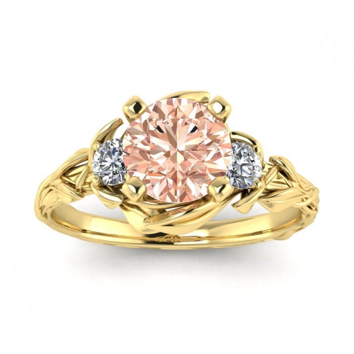 14k Rose Gold Lily Floral Morganite And Diamond Ring (1/5 Ct. Tw.); Lily Engagement Ring, Vintage Floral, Leaf Ring, Floral Ring