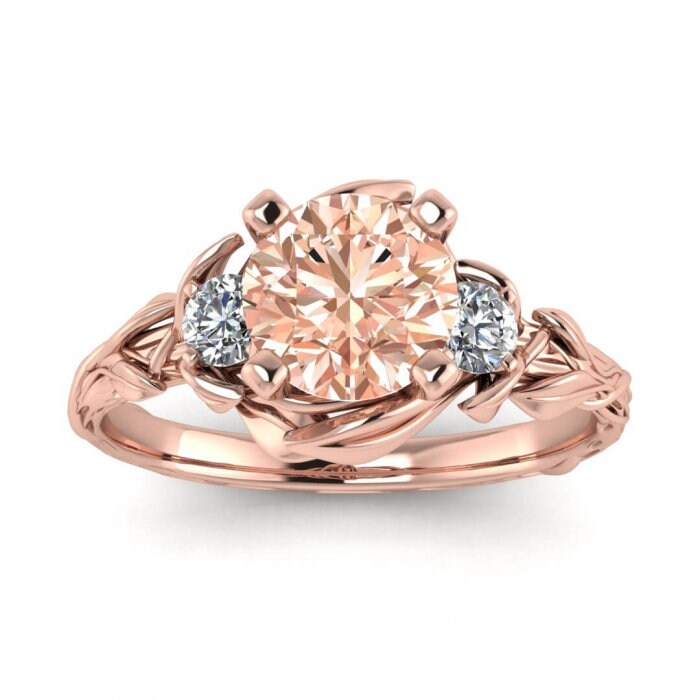 14k Rose Gold Lily Floral Morganite And Diamond Ring (1/5 Ct. Tw.); Lily Engagement Ring, Vintage Floral, Leaf Ring, Floral Ring