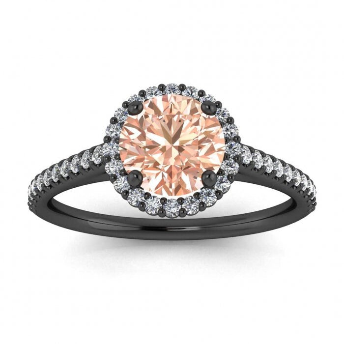 14k Rose Gold Lindo Paved Band Morganite And Diamond Halo Ring (1/4 Ct. Tw.); Open V Shaped Gallery, Basket Halo, Paved Band