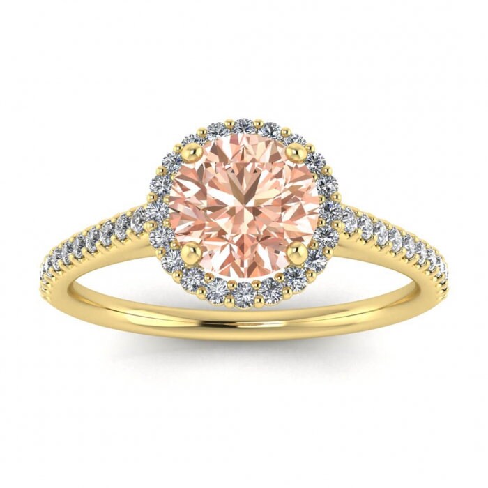 14k Rose Gold Lindo Paved Band Morganite And Diamond Halo Ring (1/4 Ct. Tw.); Open V Shaped Gallery, Basket Halo, Paved Band